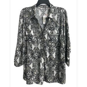 Emily Daniels Gray Shimmer Button up Stretchy Paisley Shirt Blouse Top Womens XL